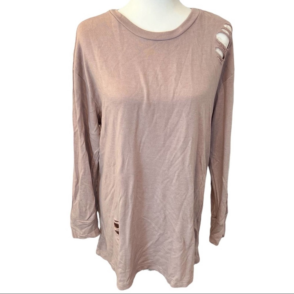 Audrey 3+1 | Distressed Crewneck Long Sleeve Sweater Dress - Taupe